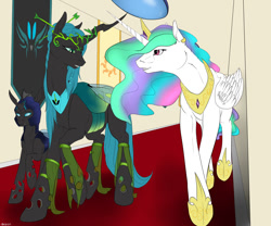 Size: 1200x1000 | Tagged: safe, artist:backlash91, princess celestia, queen chrysalis, alicorn, changeling, changeling queen, pony, alternate hairstyle, armor, crown, guard, headdress, raised hoof, regalia