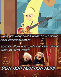 Size: 576x727 | Tagged: safe, screencap, applejack, a case for the bass, equestria girls, rainbow rocks, animated, banana, bananajack, bass guitar, clothes, costume, facepalm, guitar, musical instrument, snark, solo, statler, statler and waldorf, the muppets, waldorf
