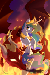 Size: 1575x2367 | Tagged: safe, artist:lunarcakez, princess celestia, alicorn, dragon, pony, female, fire