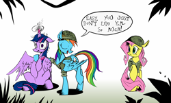 Size: 1666x1000 | Tagged: safe, artist:php15, derpibooru import, fluttershy, rainbow dash, twilight sparkle, twilight sparkle (alicorn), alicorn, pegasus, pony, female, full metal jacket, get some, mare, military, movie quote, ptsd