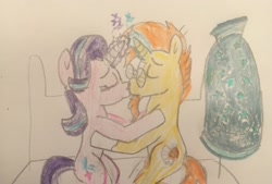 Size: 2638x1783 | Tagged: safe, artist:13mcjunkinm, starlight glimmer, sunburst, pony, clothes, female, kissing, male, robe, shipping, starburst, straight, sunburst's robe, traditional art