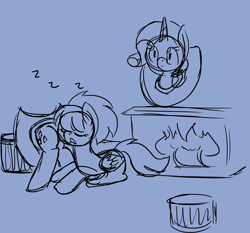 Size: 1500x1400 | Tagged: safe, artist:melodicmarzipan, cloudchaser, rarity, pegasus, pony, unicorn, butt pillow, fireplace, lineart, monochrome, mounted head, onomatopoeia, plot, sketch, sleeping, sound effects, trophy, zzz