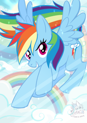 Size: 1600x2264 | Tagged: safe, artist:yomi-draws, derpibooru import, rainbow dash, pegasus, pony, flying, solo