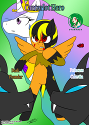 Size: 2475x3483 | Tagged: safe, artist:otakon, princess celestia, oc, oc:dark thunder, alicorn, changeling, pony, comic:canterlot hero, comic, commission, cover