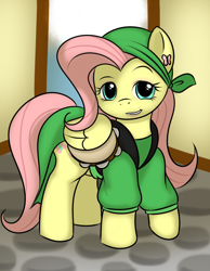 Size: 700x900 | Tagged: safe, artist:kloudmutt, fluttershy, pegasus, pony, clothes, musical instrument, solo, tambourine