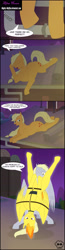 Size: 1700x6524 | Tagged: safe, artist:mighty-muffins, applejack, derpy hooves, spitfire, earth pony, pegasus, pony, comic:toxic-mario's derpfire shipwreck, barn, book, comic, dialogue, female, gutter, harness, night, roof, rooftop, spitfiery, spitfire's hair is fire, stars, sweet apple acres, tack, tied up, toolbox