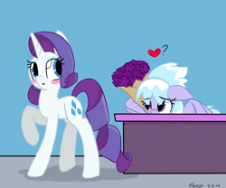 Size: 1500x1250 | Tagged: safe, artist:melodicmarzipan, cloudchaser, rarity, pony, unicorn, blushing, bouquet, flower, heart, question mark, rarichaser, shipping