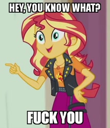 Size: 412x478 | Tagged: safe, edit, edited screencap, screencap, sunset shimmer, better together, constructive criticism, equestria girls, clothes, cropped, eyelashes, female, fuck you, fuck your shit, geode of empathy, hand, hand on hip, image macro, meme, pointing, skirt, solo, spikes, vest, vulgar