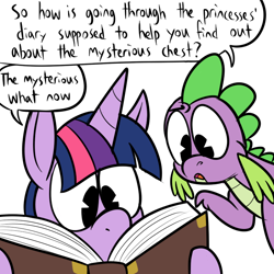 Size: 700x700 | Tagged: safe, artist:karpet-shark, derpibooru import, spike, twilight sparkle, twilight sparkle (alicorn), alicorn, dragon, pony, castle mane-ia, dialogue, diary, female, mare, scene parody, twily-daily