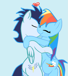 Size: 467x520 | Tagged: safe, artist:seamangle, derpibooru import, rainbow dash, soarin', pegasus, pony, backwards cutie mark, base used, bipedal, cute, eyes closed, female, heart, holding, hug, kissing, male, mare, old cutie mark, shipping, soarindash, stallion, straight