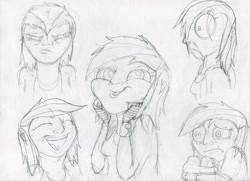 Size: 3503x2543 | Tagged: safe, artist:megaanimationfan, derpibooru import, rainbow dash, human, dashface, expressions, humanized, monochrome, sketch, traditional art