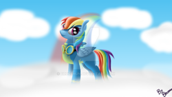 Size: 1024x576 | Tagged: safe, artist:brucehun, derpibooru import, rainbow dash, pegasus, pony, clothes, cloud, female, goggles, mare, on a cloud, rainbow, solo, uniform, watermark, wings, wonderbolts uniform