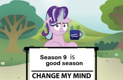 Size: 1024x662 | Tagged: safe, starlight glimmer, pony, unicorn, season 9, spoiler:s09, bush, change my mind, female, flower, glowing horn, horn, levitation, magic, mare, mug, multicolored mane, pink coat, sign, signature, sitting, solo, table, telekinesis, text, tree