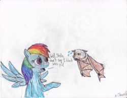 Size: 6600x5100 | Tagged: safe, artist:endlesswire94, derpibooru import, rainbow dash, fruit bat, pegasus, pony, absurd resolution, crossover, flying fox, race, stellaluna, sweat, tired, tongue out, traditional art