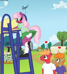 Size: 6144x6841 | Tagged: safe, artist:tolpain, big macintosh, blossomforth, cheerilee, derpy hooves, doctor muffin top, anthro, absurd resolution, apple tree, bench, blushing, cheerilee gets all the stallions, cheerimac, clothes, embarrassed, embarrassed underwear exposure, female, frilly underwear, heart, looking up, male, panties, panty shot, park, park bench, pink underwear, playground, shipping, shoes, skirt, skirt lift, slide, socks, straight, tree, underwear, upskirt, upskirt fetish, younger