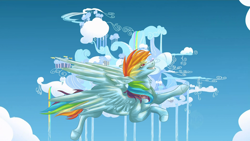 Size: 1920x1080 | Tagged: safe, artist:sketchblue, derpibooru import, rainbow dash, pegasus, pony, cloudsdale, flying, solo