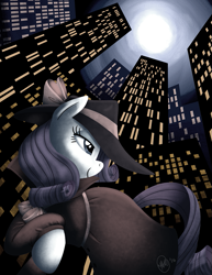 Size: 989x1280 | Tagged: safe, artist:katseartist, rarity, pony, unicorn, city, clothes, coat, detective, detective rarity, female, hat, mare, moon, night, noir, profile, skyscraper, solo