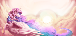 Size: 1979x935 | Tagged: safe, artist:zetapold, princess celestia, alicorn, pony, cloud, cloudy, colored, curved horn, digital painting, flying, lidded eyes, looking back, sky, smiling, solo, sun