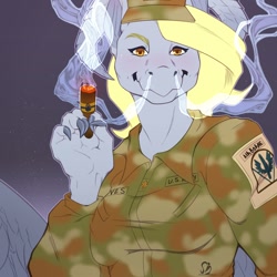 Size: 1280x1280 | Tagged: safe, artist:sintacle, derpibooru import, derpy hooves, anthro, pegasus, army, blushing, cigar, clothes, commission, digital art, female, hat, hoers, holding, looking at you, smoke, smoking, solo, wings