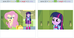 Size: 526x274 | Tagged: safe, derpibooru import, fluttershy, twilight sparkle, equestria girls, derpibooru, exploitable meme, eyes on the prize, juxtaposition, juxtaposition win, meme, meta