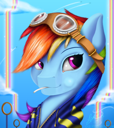 Size: 1250x1400 | Tagged: safe, artist:g-glory, derpibooru import, rainbow dash, pegasus, pony, wonderbolts academy, bust, cloud, female, goggles, lollipop, mare, portrait, rainbow, solo, wonderbolts uniform