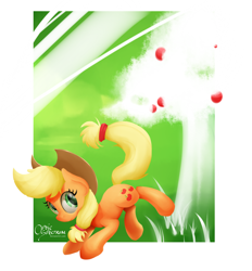 Size: 1650x1777 | Tagged: safe, artist:opticspectrum, applejack, earth pony, pony, apple, apple tree, bucking, food, looking back, partial color, solo, tree