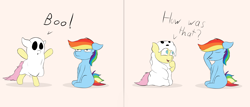 Size: 3500x1500 | Tagged: safe, artist:rainyvisualz, derpibooru import, fluttershy, rainbow dash, ghost, pegasus, pony, bipedal, clothes, comic, costume, duo, excited, facehoof, flutterghost, missing cutie mark, pink background, simple background, sitting, standing, unamused