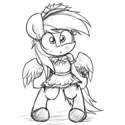 Size: 2000x2000 | Tagged: safe, artist:heavymetalbronyyeah, derpibooru import, rainbow dash, pegasus, pony, semi-anthro, blushing, clothes, cute, maid, monochrome, rainbow dash always dresses in style, sketch, solo, standing