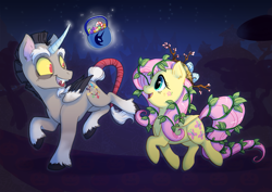 Size: 1241x877 | Tagged: safe, artist:c-puff, discord, fluttershy, alicorn, pegasus, pony, branches, candy, candy bag, candy cane, clothes, costume, cute, dark, digital art, discute, duo, duo male and female, egg, fangs, female, food, leaves, levitation, looking at each other, magic, male, mare, nest, night, night sky, nightmare night, nightmare night costume, open mouth, ponified, pony discord, shyabetes, sky, smiling, stallion, stars, stick, telekinesis, tree, trotting