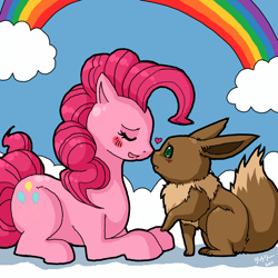 Size: 1000x1000 | Tagged: safe, artist:niwatori, pinkie pie, earth pony, pony, cloud, crossover, cute, eevee, eyes closed, heart, pokémon, rainbow