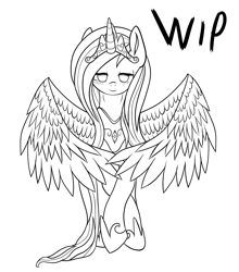 Size: 1020x1160 | Tagged: safe, artist:9de-light6, fluttershy, alicorn, pony, alicornified, fluttercorn, monochrome, race swap, sketch, solo