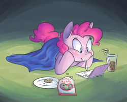 Size: 1354x1087 | Tagged: safe, artist:yeendip, pinkie pie, earth pony, pony, 3ds, blanket, chocolate milk, cookie, food, glass, jelly beans, mouth hold, solo, straw