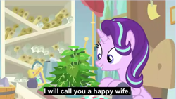 Size: 766x433 | Tagged: safe, edit, edited screencap, screencap, phyllis, starlight glimmer, pony, unicorn, a horse shoe-in, caption, cargo ship, female, implied shipping, mare, meme, plant, potted plant, shipping, solo, starlight's office, subtitles, youtube caption