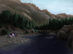 Size: 2000x1500 | Tagged: safe, artist:t72b, derpibooru exclusive, starlight glimmer, pony, unicorn, annoyed, atg 2019, beanie, forest, hat, mountain, mountain range, newbie artist training grounds, river, scenery, solo, tree, walking, when you see it