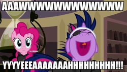 Size: 960x541 | Tagged: safe, derpibooru import, edit, edited edit, edited screencap, screencap, pinkie pie, twilight sparkle, earth pony, pony, it's about time, catsuit, duo, future twilight, image macro, meme, reaction image, volumetric mouth