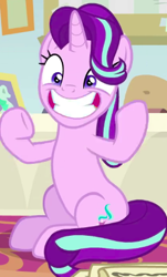 Size: 301x497 | Tagged: safe, screencap, starlight glimmer, pony, unicorn, a horse shoe-in, adorable face, cropped, cute, female, glimmerbetes, grin, mare, raised hoof, screaming internally, sitting, smiling, solo, starlight's office