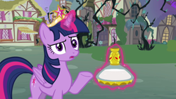 Size: 1280x720 | Tagged: safe, derpibooru import, screencap, twilight sparkle, twilight sparkle (alicorn), alicorn, pony, princess twilight sparkle (episode), big crown thingy, black vine, element of magic, female, flashback potion, frown, looking at you, magic, mare, open mouth, raised eyebrow, raised hoof, solo, telekinesis