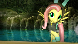Size: 1920x1080 | Tagged: safe, artist:dashie116, fluttershy, pegasus, pony, 3d, bunny ears, clothes, costume, dangerous mission outfit, female, gmod, hoodie, lake, looking at you, mare, pose, smiling, solo, tree, wallpaper, waterfall