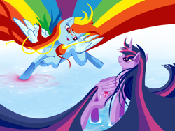 Size: 1024x768 | Tagged: safe, artist:tuffylive, derpibooru import, rainbow dash, twilight sparkle, twilight sparkle (alicorn), alicorn, pegasus, pony, duo, female, flowing mane, mare, underhoof, water