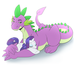 Size: 1077x950 | Tagged: safe, artist:peridotkitty, rarity, spike, dragon, pony, unicorn, female, male, older, older spike, shipping, size difference, sleeping, sparity, straight