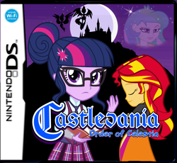 Size: 1000x919 | Tagged: safe, edit, midnight sparkle, princess celestia, principal celestia, sci-twi, sunset satan, sunset shimmer, twilight sparkle, equestria girls, blackletter, box art, castlevania, clothes, crystal prep academy uniform, game cover, midnightsatan, moon, nintendo ds, order of ecclesia, parody, school uniform