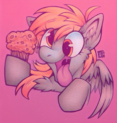 Size: 689x726 | Tagged: safe, artist:ferwildir, derpy hooves, pegasus, pony, :p, bust, female, food, mare, muffin, silly, solo, tongue out, traditional art