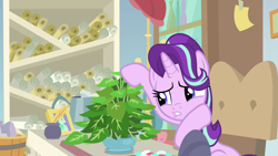 Size: 1920x1080 | Tagged: safe, screencap, phyllis, starlight glimmer, pony, unicorn, a horse shoe-in, affection, female, hoof on cheek, inkwell, mare, motherly, petting, philodendron, plant, potted plant, puckered lips, quill, raised hoof, scroll, solo, starlight glimmer is best facemaker, starlight's office, talking to objects