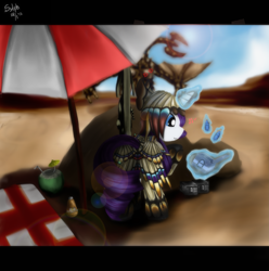 Size: 2149x2166 | Tagged: safe, artist:sylphan, rarity, pony, unicorn, armor, diablos, magic, monster hunter, parody, picnic blanket, umbrella