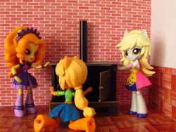 Size: 1600x1200 | Tagged: safe, artist:whatthehell!?, adagio dazzle, applejack, derpy hooves, equestria girls, boots, clothes, denim skirt, doll, dress, equestria girls minis, irl, jewelry, kitchen, photo, shoes, skirt, stove, toy, victorian