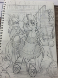 Size: 768x1024 | Tagged: safe, artist:wonton soup, applejack, oc, anthro, clothes, maid, monochrome, pixiv, traditional art