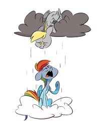 Size: 1275x1650 | Tagged: safe, artist:fluttershythekind, derpibooru import, derpy hooves, rainbow dash, pegasus, pony, cloud, cutie mark, female, floppy ears, hooves, looking at each other, looking down, looking up, mare, on a cloud, oops my bad, open mouth, rain, raised hoof, simple background, teeth, wings