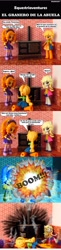 Size: 922x3773 | Tagged: safe, artist:whatthehell!?, adagio dazzle, applejack, derpy hooves, equestria girls, boots, clothes, denim skirt, doll, dress, equestria girls minis, eqventures of the minis, explosion, irl, jewelry, kitchen, photo, shoes, skirt, spanish, stove, toy, victorian