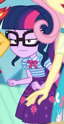 Size: 169x327 | Tagged: safe, screencap, fluttershy, sci-twi, sunset shimmer, twilight sparkle, better together, equestria girls, rollercoaster of friendship, clothes, cropped, geode of telekinesis, glasses, ponytail, sci-twi is not amused, solo focus, twilight is not amused, unamused