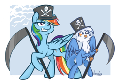 Size: 1280x865 | Tagged: safe, artist:lilliesinthegarden, derpibooru import, rainbow dash, oc, oc:gren, classical hippogriff, hippogriff, pegasus, pony, clothes, costume, female, hat, interspecies offspring, jolly roger, magical lesbian spawn, male, mother and child, mother and son, nightmare night, offspring, parent and child, parent:gilda, parent:rainbow dash, parents:gildash, reapers, scythe
